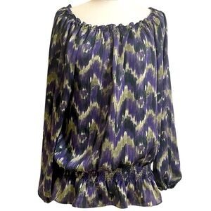 MICHAEL KORS Women’s Black Purple Green/Gray Elastic Shoulder Peplum Blouse 1X